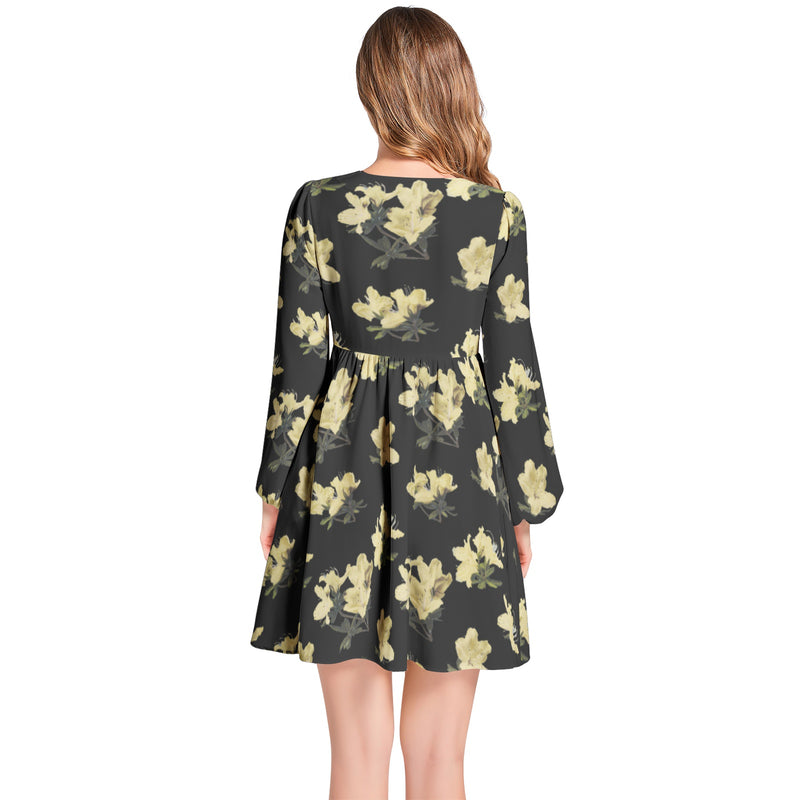 Azalea Print Lantern Sleeve Deep V-Neck Short Dress - Objet D'Art