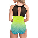 neon green hex print 5 Women's High Neck Plunge Mesh Ruched Swimsuit (S43) - Objet D'Art