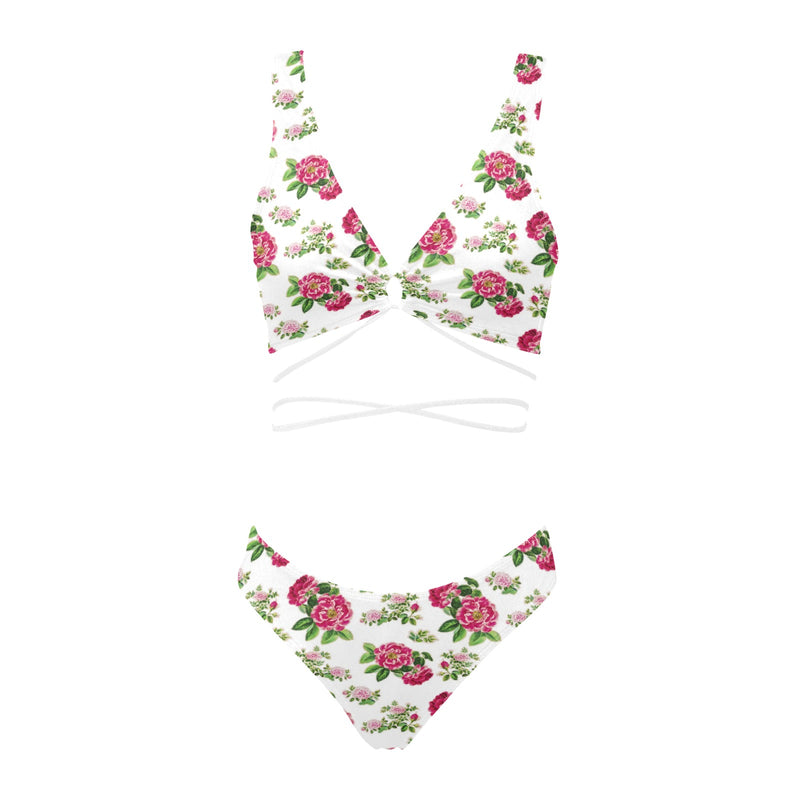 red pink white floral rose print 2 Cross String Bikini Set (Model S29) - Objet D'Art