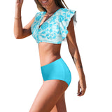 light blue bikini bottom print solid Women's Ruffle Sleeve Bikini Swimsuit (Model S42) - Objet D'Art