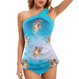 light blue print Women's One Shoulder Backless Swimsuit (Model S44) - Objet D'Art