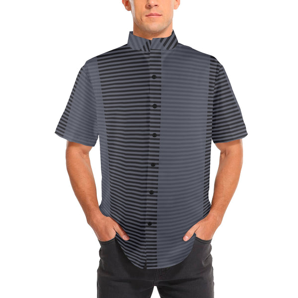 horizontal striped black gray print Men's Stand-Up Collar Short Sleeve Shirt - Objet D'Art