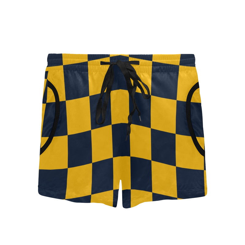 navy blue gold checkered print Women's Mid-Length Board Shorts (Model L55) - Objet D'Art