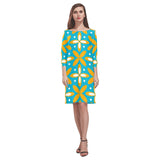 blue gold print petals Rhea Loose Round Neck Dress(Model D22) - Objet D'Art