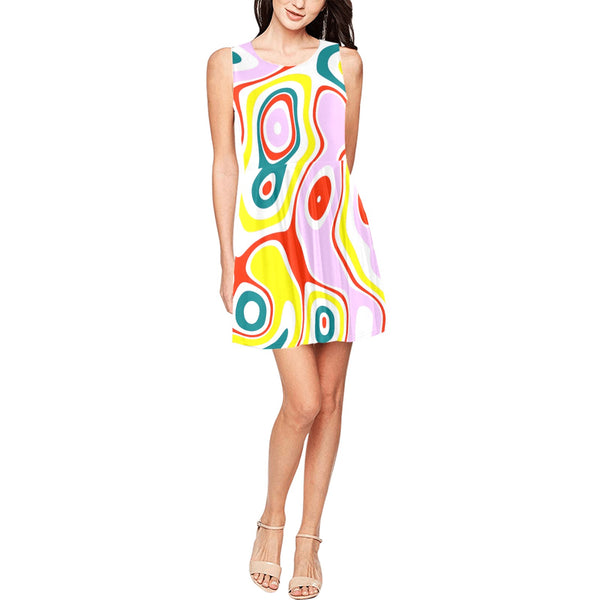colored splat print 2 Thea Sleeveless Skater Dress(Model D19) - Objet D'Art