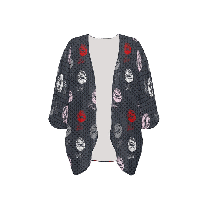 lips hex gray print Women's Kimono Chiffon Cover Up (Model H51) - Objet D'Art