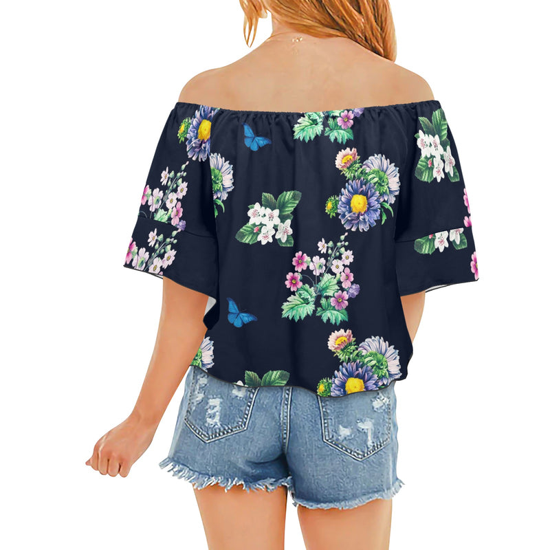 floral print butterfly 4 Off Shoulder Knot Front Blouse (Model T71) - Objet D'Art