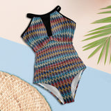 colored waves print 10 Women's High Neck Plunge Mesh Ruched Swimsuit (S43) - Objet D'Art