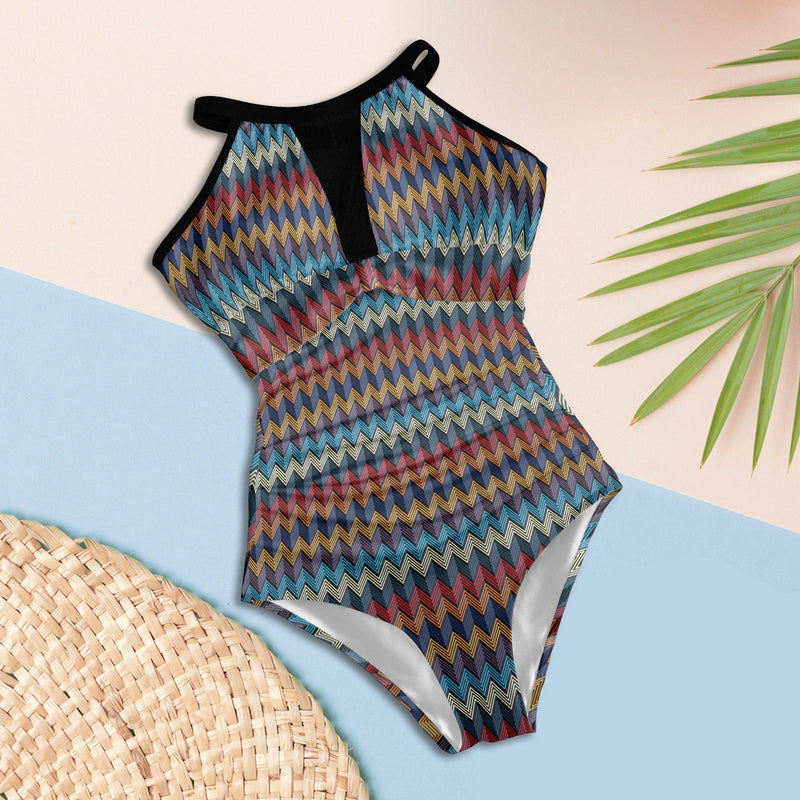 colored waves print 10 Women's High Neck Plunge Mesh Ruched Swimsuit (S43) - Objet D'Art