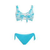 greek roses in blue print Bow Tie Front Bikini Swimsuit (Model S38) - Objet D'Art