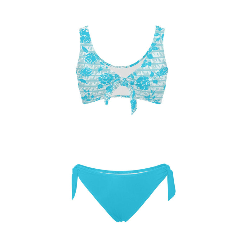 greek roses in blue print Bow Tie Front Bikini Swimsuit (Model S38) - Objet D'Art