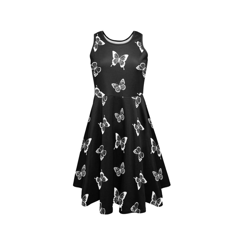white butterfly silhouettes on Black print Sleeveless Expansion Dress (Model D60) - Objet D'Art
