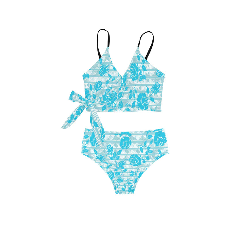 greek roses in blue print Knot Side Bikini Swimsuit (Model S37) - Objet D'Art