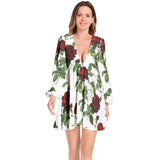 Rose Print Lantern Sleeve Deep V-Neck Short Dress - Objet D'Art