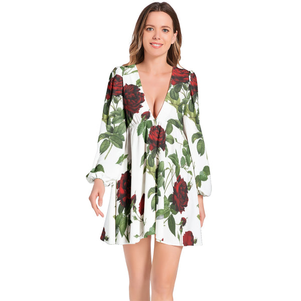 Rose Print Lantern Sleeve Deep V-Neck Short Dress - Objet D'Art