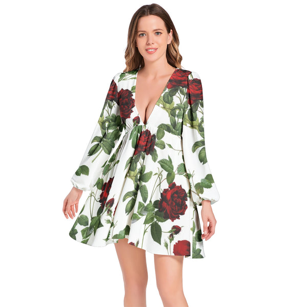 Rose Print Lantern Sleeve Deep V-Neck Short Dress - Objet D'Art