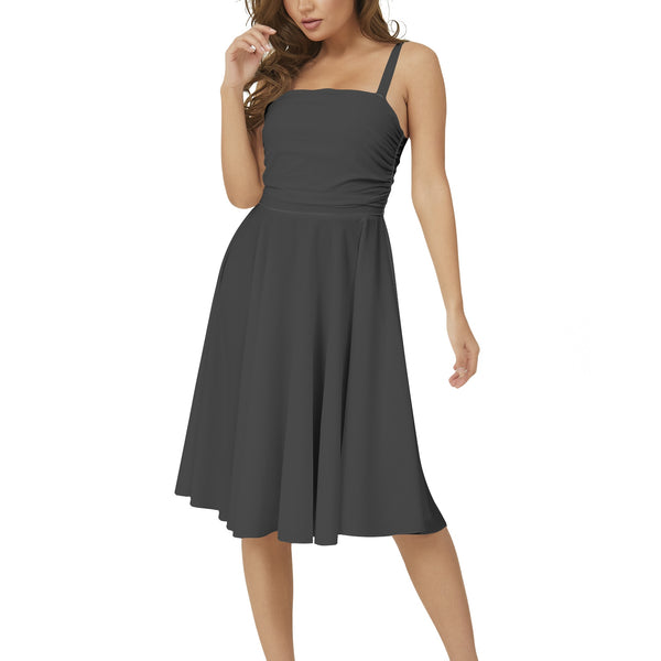 Black Sleeveless Square Neck Flare Hem Midi Dress - Objet D'Art