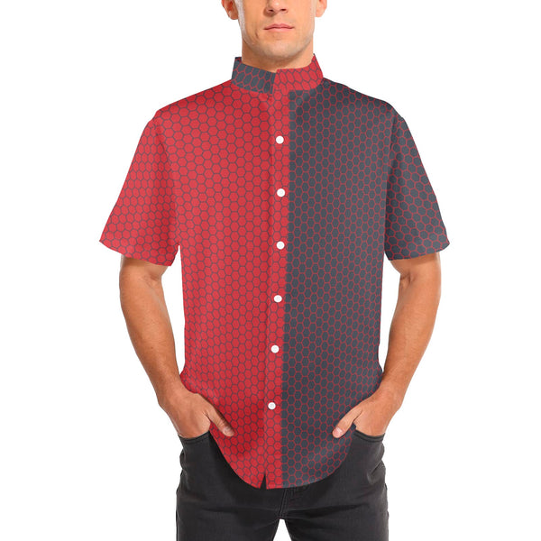 grey red hex print Men's Stand-Up Collar Short Sleeve Shirt