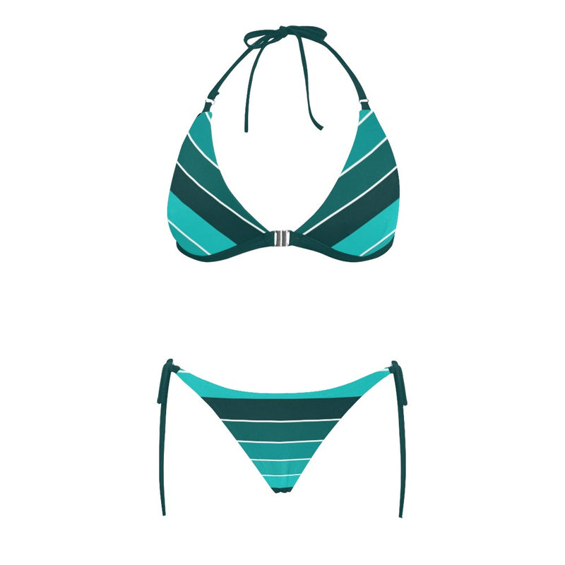 ted teal print 2 Buckle Front Halter Bikini Swimsuit (Model S08) - Objet D'Art