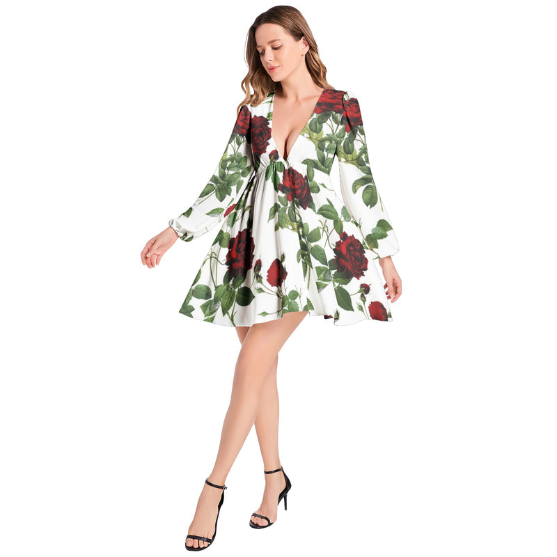 Rose Print Lantern Sleeve Deep V-Neck Short Dress - Objet D'Art