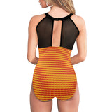 mandala striped red yellow orange Women's High Neck Plunge Mesh Ruched Swimsuit (S43) - Objet D'Art