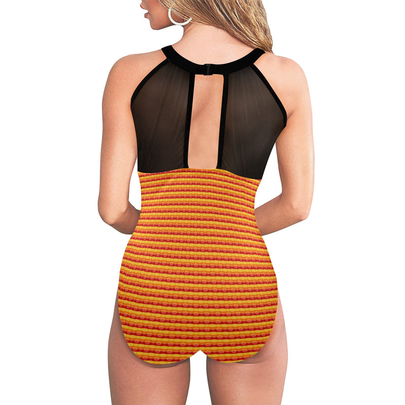 mandala striped red yellow orange Women's High Neck Plunge Mesh Ruched Swimsuit (S43) - Objet D'Art
