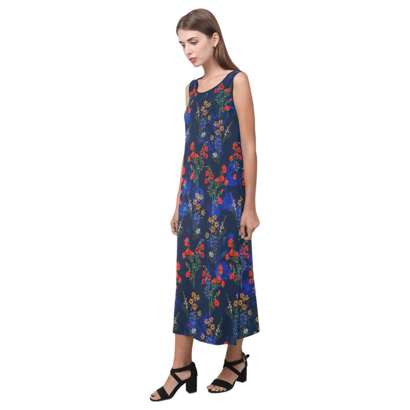 red gold blue floral print 2 Phaedra Sleeveless Open Fork Long Dress (Model D08) - Objet D'Art