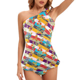 floral striped swimwear Women's One Shoulder Backless Swimsuit (Model S44) - Objet D'Art