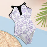 silver roses print Women's High Neck Plunge Mesh Ruched Swimsuit (S43) - Objet D'Art