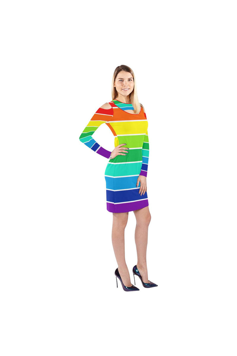Rainbow Bright Artsadd Cold Shoulder Long Sleeve Dress (Model D37) - Objet D'Art