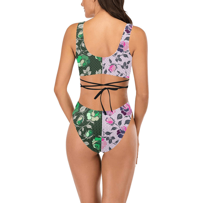 green rose print 2 Cross String Bikini Set (Model S29) - Objet D'Art