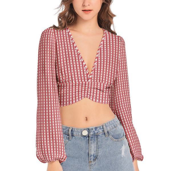 Gingham Striped Women's Deep V-Neck Lantern Sleeve Crop Top - Objet D'Art