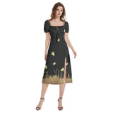 Winged Gold Puff Sleeve Split Thigh Midi Dress - Objet D'Art