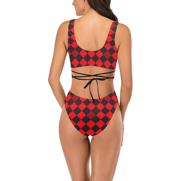 red black diamond print 2 Cross String Bikini Set (Model S29) - Objet D'Art