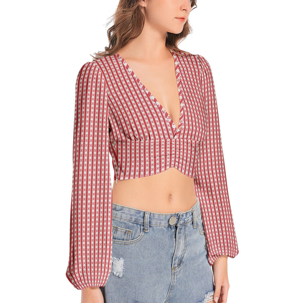 Gingham Striped Women's Deep V-Neck Lantern Sleeve Crop Top - Objet D'Art