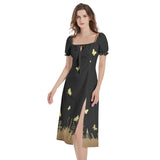 Winged Gold Puff Sleeve Split Thigh Midi Dress - Objet D'Art