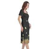 Winged Gold Puff Sleeve Split Thigh Midi Dress - Objet D'Art
