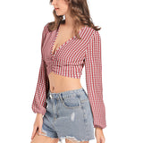 Gingham Striped Women's Deep V-Neck Lantern Sleeve Crop Top - Objet D'Art