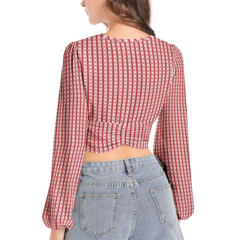 Gingham Striped Women's Deep V-Neck Lantern Sleeve Crop Top - Objet D'Art