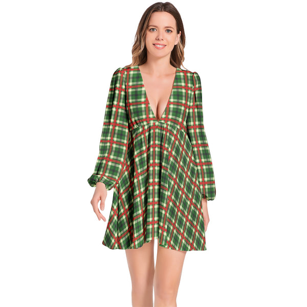 Holiday Cheer Plaid Lantern Sleeve Deep V-Neck Short Dress - Objet D'Art