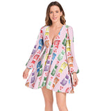 Kitty Paw Lantern Sleeve Deep V-Neck Short Dress - Objet D'Art