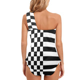 check stripe print 2 Women's One Shoulder Backless Swimsuit (Model S44) - Objet D'Art