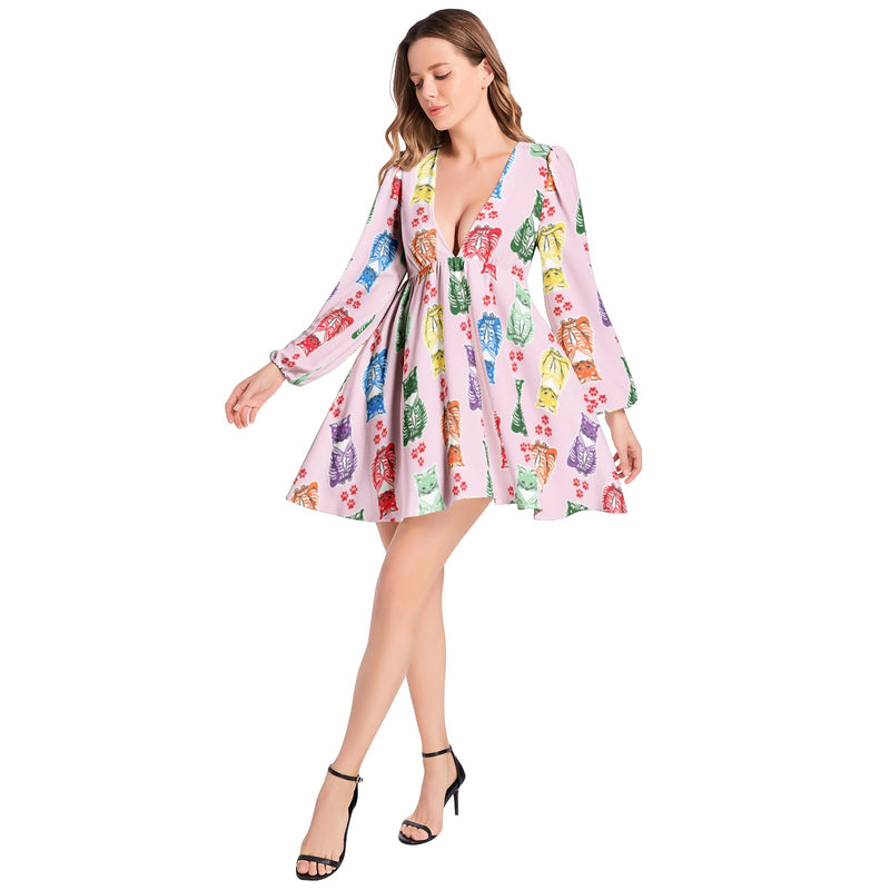 Kitty Paw Lantern Sleeve Deep V-Neck Short Dress - Objet D'Art
