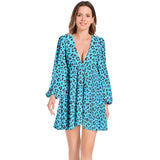 Blue Leopard Lantern Sleeve Deep V-Neck Short Dress - Objet D'Art