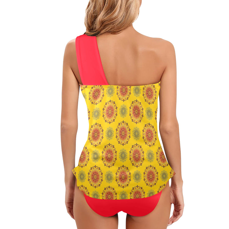 scarlet flame print 2 Women's One Shoulder Backless Swimsuit (Model S44) - Objet D'Art