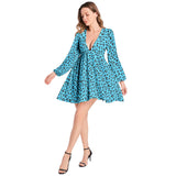 Blue Leopard Lantern Sleeve Deep V-Neck Short Dress - Objet D'Art