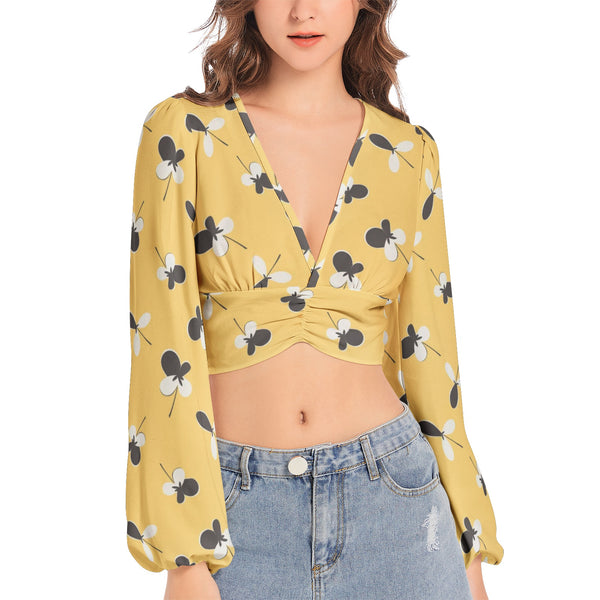 Golden Meadows Women's Deep V-Neck Lantern Sleeve Crop Top - Objet D'Art