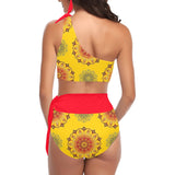 scarlet flame print 2 High Waisted One Shoulder Bikini Set (Model S16) - Objet D'Art