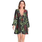 Rose PrintLantern Sleeve Deep V-Neck Short Dress - Objet D'Art