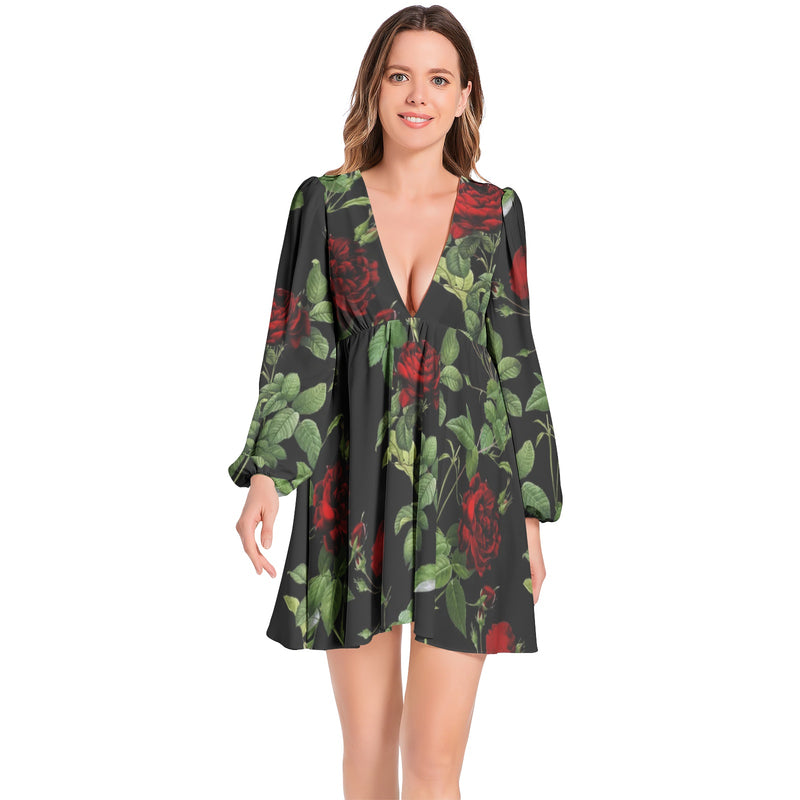 Rose PrintLantern Sleeve Deep V-Neck Short Dress - Objet D'Art